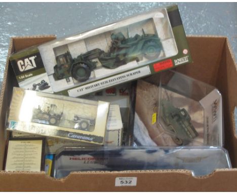 Box of assorted diecast model vehicles all in original boxes to include; Cararama Jeep 1:43 scale, CAT military elevated scra