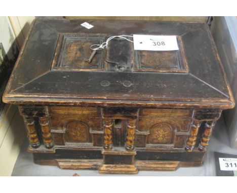 18th Century architectural design casket with hinged panelled top over arcaded front, fitted small box to the interior. With 
