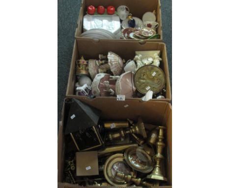 Three boxes of assorted items to include; various brassware, candlesticks, lantern, Limoges porcelain items, teaware, collect