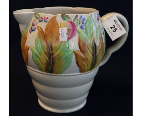 Newport pottery Clarice Cliff design baluster shaped leaf and berry loop handled jug. Printed marks, 19cm high approx. (B.P. 