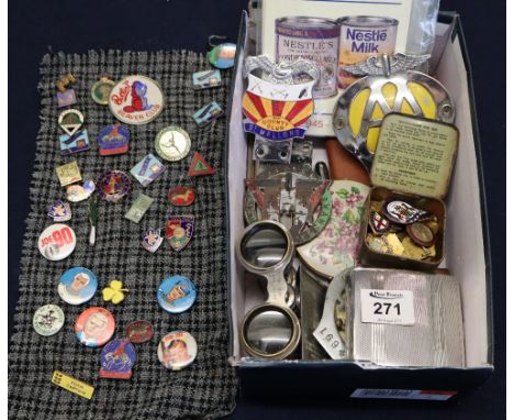 Box of oddments including; opera glasses, harmonica, AA badges, cigarette case, etc. Together with vintage enamel and tin bad