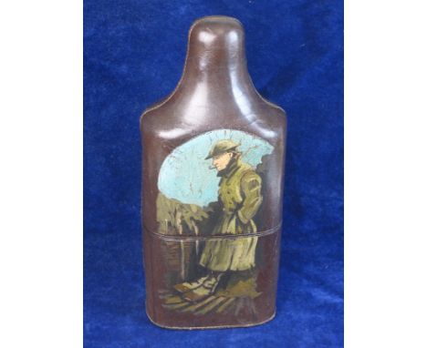 WW1 OFFICERS DECORATED LEATHER BOTTLE CASE.  In fine condition, a leather outer case for a spirit flask, painted with the ima