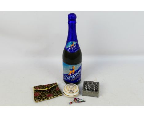 Lot to include a bottle of Special Edition Babycham, a couple of trinket boxes and a vintage Venetian glass millefiori pendan
