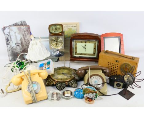 Smiths - Coramatic - Metamec - 5 clocks - 4 glass paper weight. 2 rotary phones. Richard Allen Baird radio. An adjustable Sou