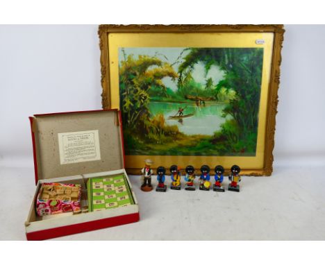 Lot to include an Asian oil painting depicting a river scene, boxed Chad Valley Lotto game and a quantity of Robertson's adve