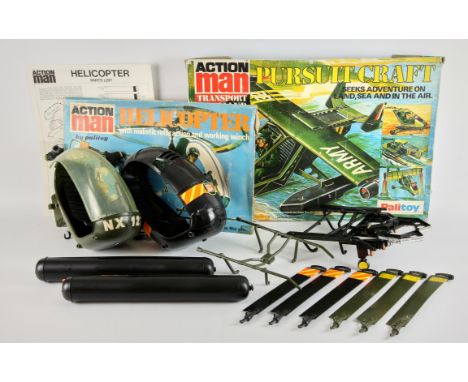 A vintage Palitoy Action Man Transport Command, 'Pursuit Craft' and a vintage Action Man 'Helicopter'.  (Partial box) (2)