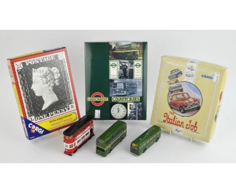 A quantity of die-cast vehicles including ; a Corgi 'The Italian Job' die-cast gift set (97713), a Country Busses set, Lledo 