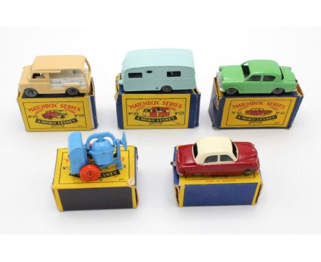 Five Matchbox, Moko Lesney, die-cast vehicles comprising ; 23 Berkely Cavalier caravan, 29 Bedford Milk float, 22 Vauxhall Cr