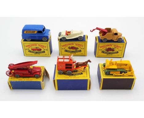 Six Matchbox, Moko Lesney, die-cast vehicles comprising ; 25 Dunlop Bedford Van, 13 Wreck Truck, 18 Caterpillar Bulldozer, 19