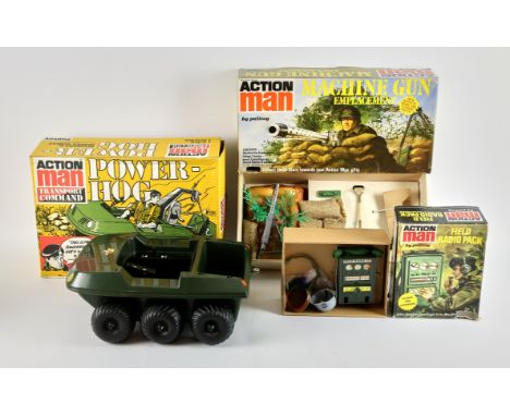 A vintage Palitoy Action Man Transport Command 'Power Hog', an Action Man 'Machine Gun Emplacement' and an Action Man 'Field 
