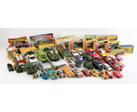 A quantity of vintage play worn die-cast vehicles including ; Dinky, Corgi, Matchbox, Airfix and many others.  (qty)