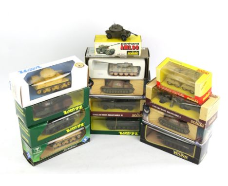 A collection of small scale model die-cast tanks and military related vehicles including mainly Solido and Verem models, all 