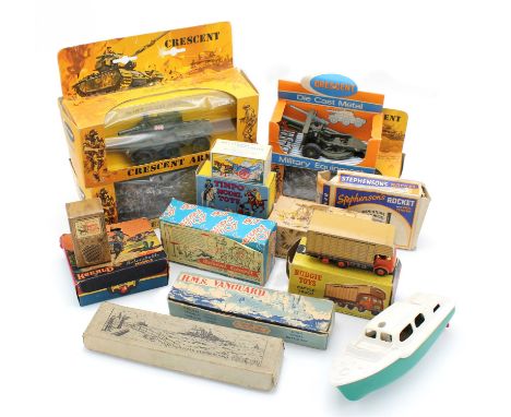 A quantity of vintage die-cast toys and vehicles including ; Crescent H.M.S Vanguard, Crescent 18 Pounder field gun, Budgie T