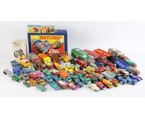 A quantity of vintage play worn die-cast vehicles including ; Dinky, Corgi, Matchbox, Polistil, and many others.  (qty)Condit