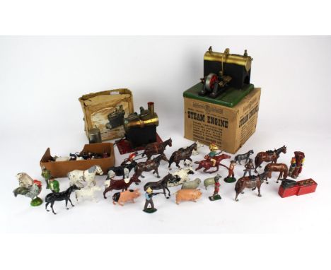 A collection of Britain's pre-war hollow cast lead animals, figures and accessories, mainly farm yard, military and cowboys a