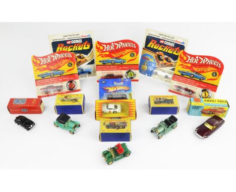 A small group of die-cast collectable vehicles including ; Corgi 259, 'Le Dandy' Coupe, Triang  Minic Aston Martin (M1573), t