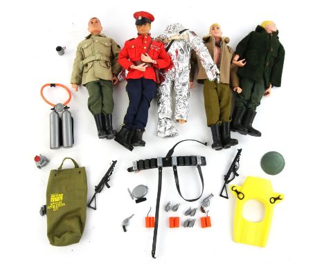 Four original Action Man jointed figures and a large collection of Action Man clothes, weapons and accessories.  (qty)