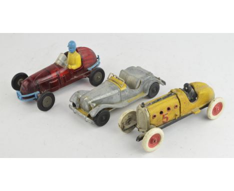 A vintage Mettoy friction racer toy car, 24cm, a Hubley Kiddie Toy MG roadster and one further cast iron racing car.  (3)