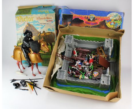 A Britain's 'Knights of the Sword' 'Lion Castle', boxed and a Marx 'Victor' armoured horse, both boxed. also a figure of 'The