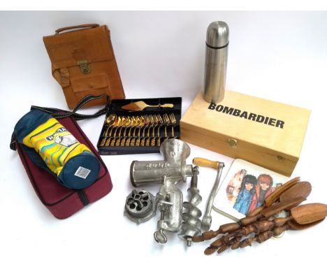 A mixed lot to include vintage Jolp meat grinder; carved wooden salad servers; boxed gilt cutlery set; leather bag; wine cool