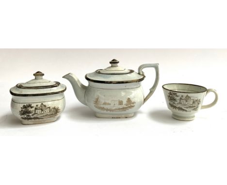 A possibly Newhall miniature three piece tea set comprising teapot, cup and sugar bowl, decorated in monochrome with images o