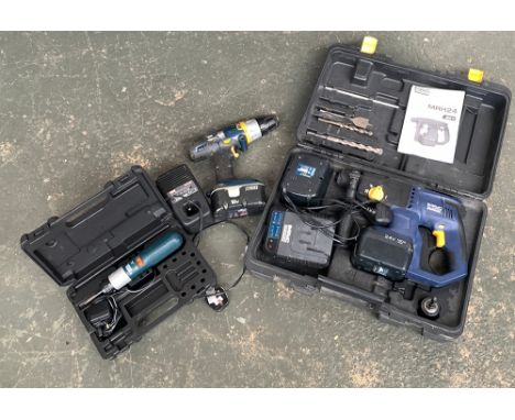 A MacAlister MRH24 battery powered hammer drill; together with a Ryobi electric drill with charger; and a Black and Decker el