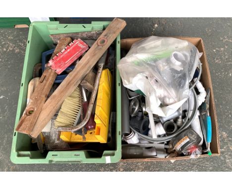 Various measuring tools to include plumbing fixtures and fittings; together with a further box of various hand tools 