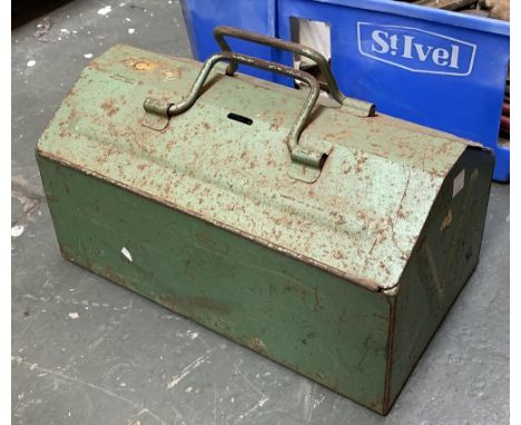 A smaller green vintage metal toolbox, containing a quantity of sockets and ratchets 