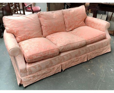 A pink upholstered three seater sofa, with feather filled cushions, approx. 195cmW 