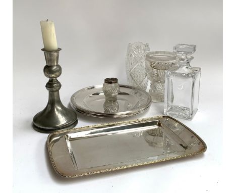 A square lead crystal decanter; together with a pewter candlestick, 24cmH; plated tray; several cut glass vases; small vase w