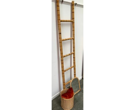 A bamboo five rung ladder and small dressing mirror; together with a wicker waste paper basket 