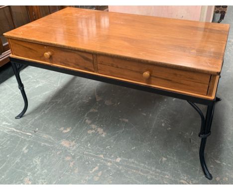 A 20th century coffee table with two drawers on black painted metal base, 94x51x47cmH 