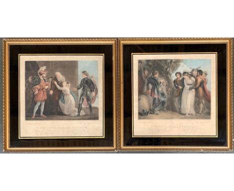 After Stothard, pair of colour mezzotints, in verre eglomise frames, Edmunds 'First Sight of Ethelinda' and 'Ethelinda restor