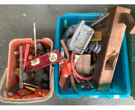 Two boxes of mixed hand tools to include a large wooden plane; screwdrivers etc 
