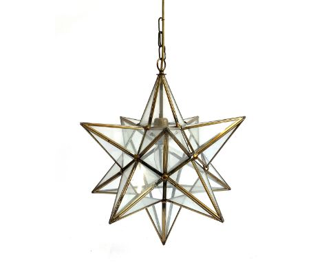 A brass and glass twelve point star shaped ceiling lamp, approx. 45cmD 