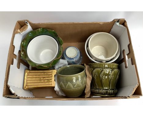 A large box of vintage ceramic planters 