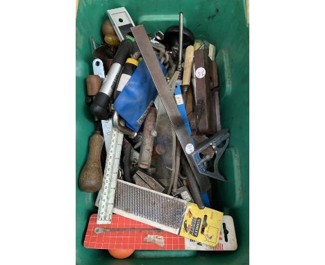 A mixed box of tools to include rulers, spanners, small bike pump, hand drill, squares etc 