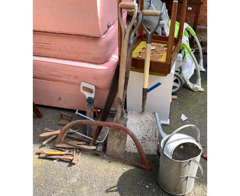 A number of garden tools, to include shovels, galvanised watering can, soil sifter etc; together with a pierced cast iron par