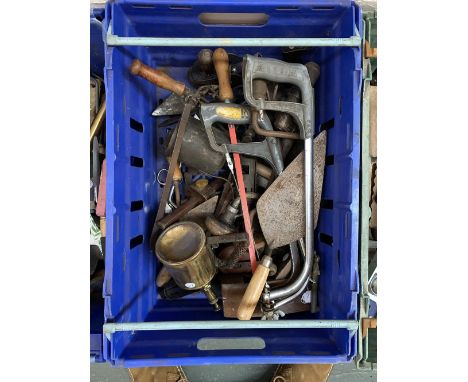 A mixed box of vintage tools, to include Primus blowtorch, hacksaws, several planes etc 