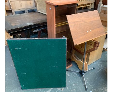 A mixed lot to include folding card table, music stand, smoked glass cabinet etc 