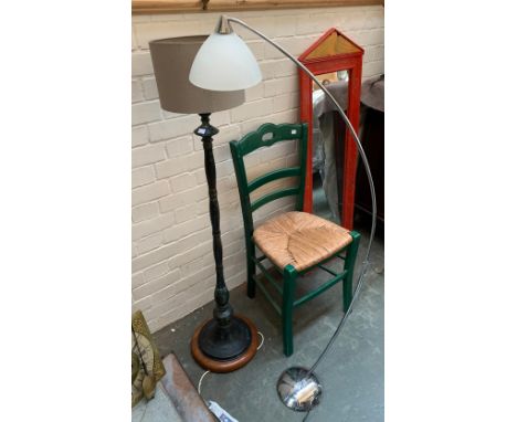 A copper standard lamp on spreading foot and turned wooden base, 128cmH; together with a floor standing chrome reading lamp 