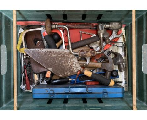 A mixed box of tools, to include socket set, hand drill etc 