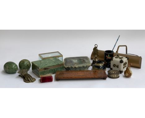 A mixed include desk objects, mineral items, onyx pear; cribbage board; glass trinket box etc 