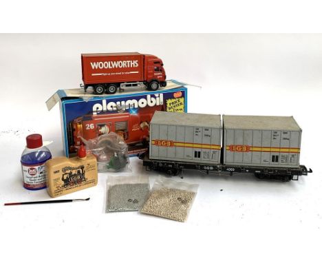A Playmobil fire engine; together with a LGB wagon etc 