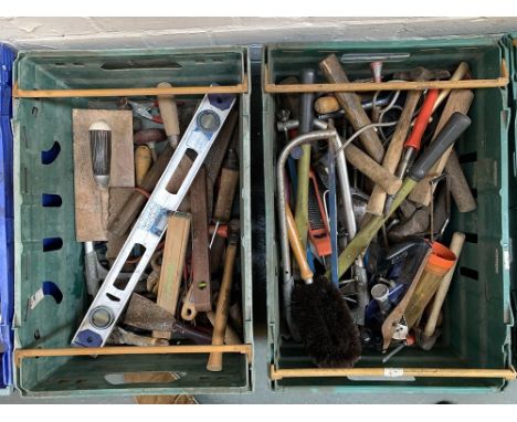 Two boxes of vintage hand tools, to include planes, hammers, hacksaws, levels, plasterers trowels etc 