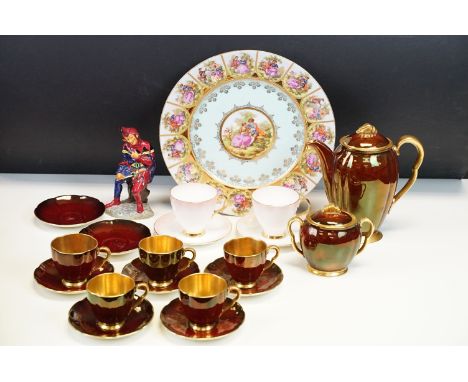Carlton Ware 'Rouge Royale' coffee set comprising coffee pot, sugar basin, 6 cups and 7 saucers, together with a Coalport Jes