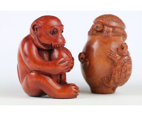Two signed carved wood netsuke figures to included a Monkey with nut and Turtles, 5cm approx 