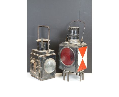 British Railways black painted metal lantern with two convex glass lenses and carry handle (approx 45cm high), together with 