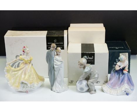 Six Royal Doulton porcelain figures to include Thelwell 'So Treat Him Like A Friend', Loving You, Pretty Ladies - Hannah, Pre