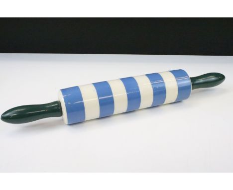 T.G. Green Blue and White Cornishware Rolling Pin, green T.G. Green &amp; Co Ltd mark to end, 47cm long 